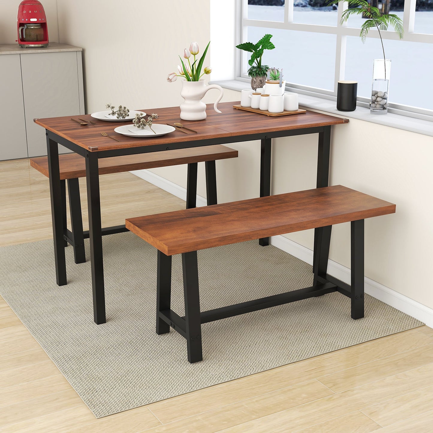 40 Inch dining bench with black metal frame and warm wood top, 2-person bench style on Tampa Home & Garden Store