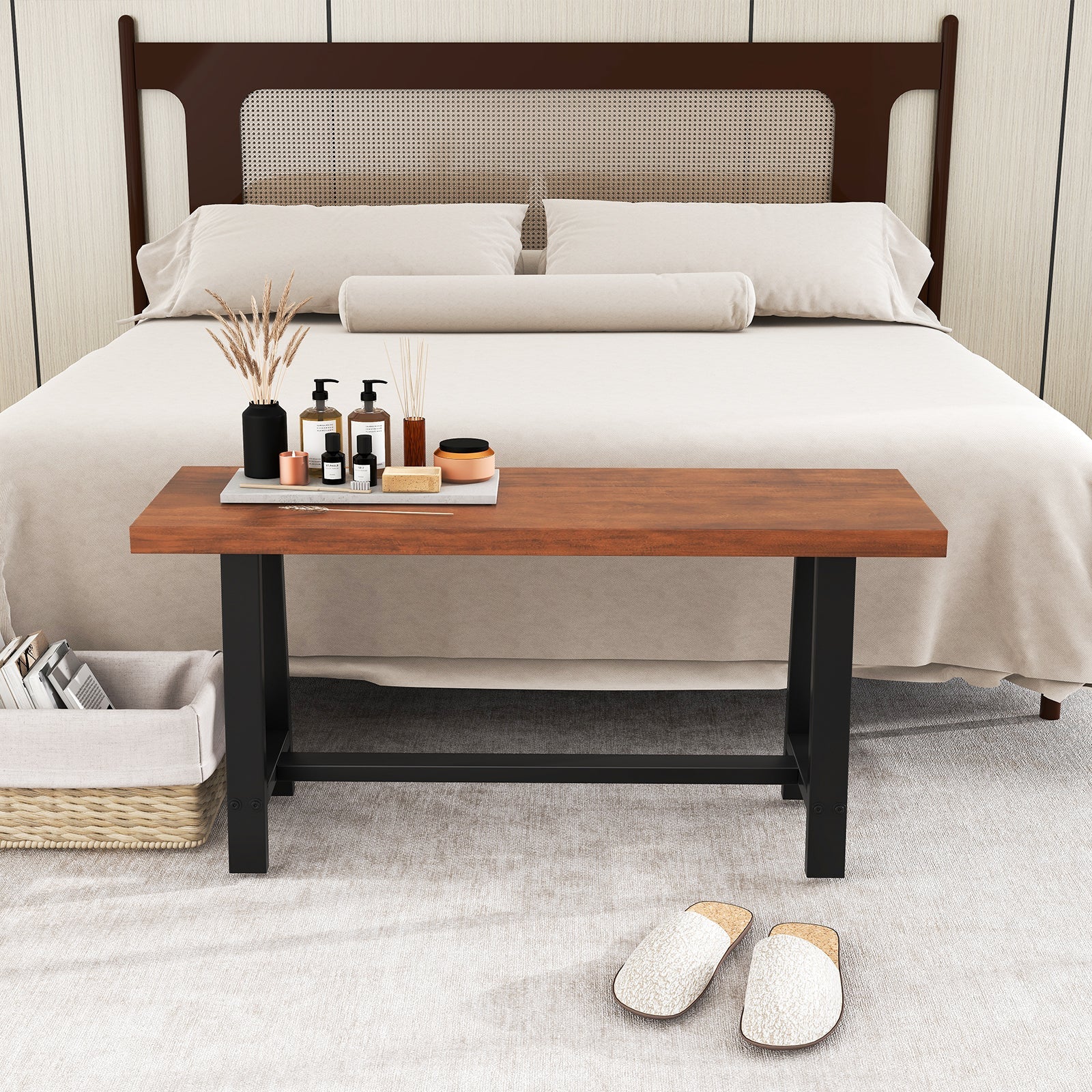 DirectDeals 40 Inch Dining Bench for 2 with black metal frame and wood top in bedroom on Tampa Home & Garden Store