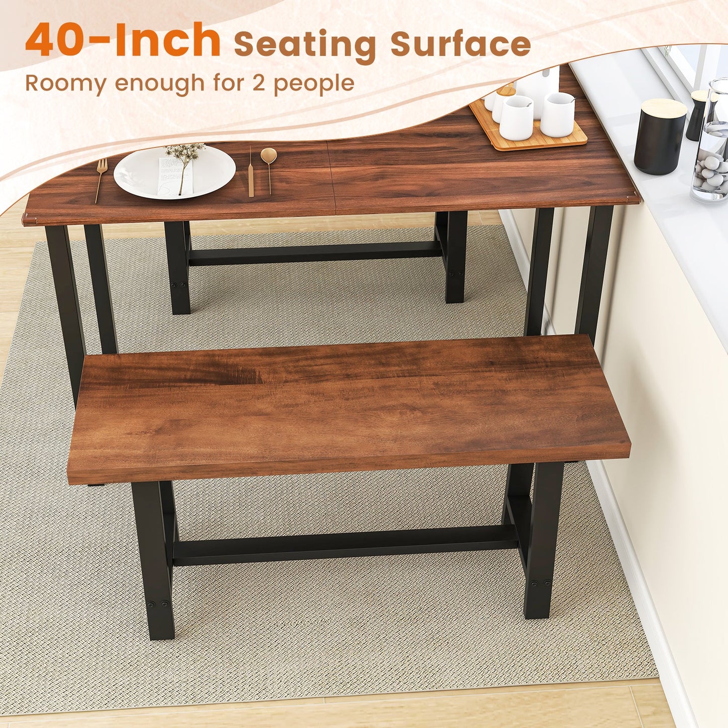 40-Inch dining bench with wood top and black metal frame, farmhouse entryway shoe bench set of 2 on Tampa Home & Garden Store