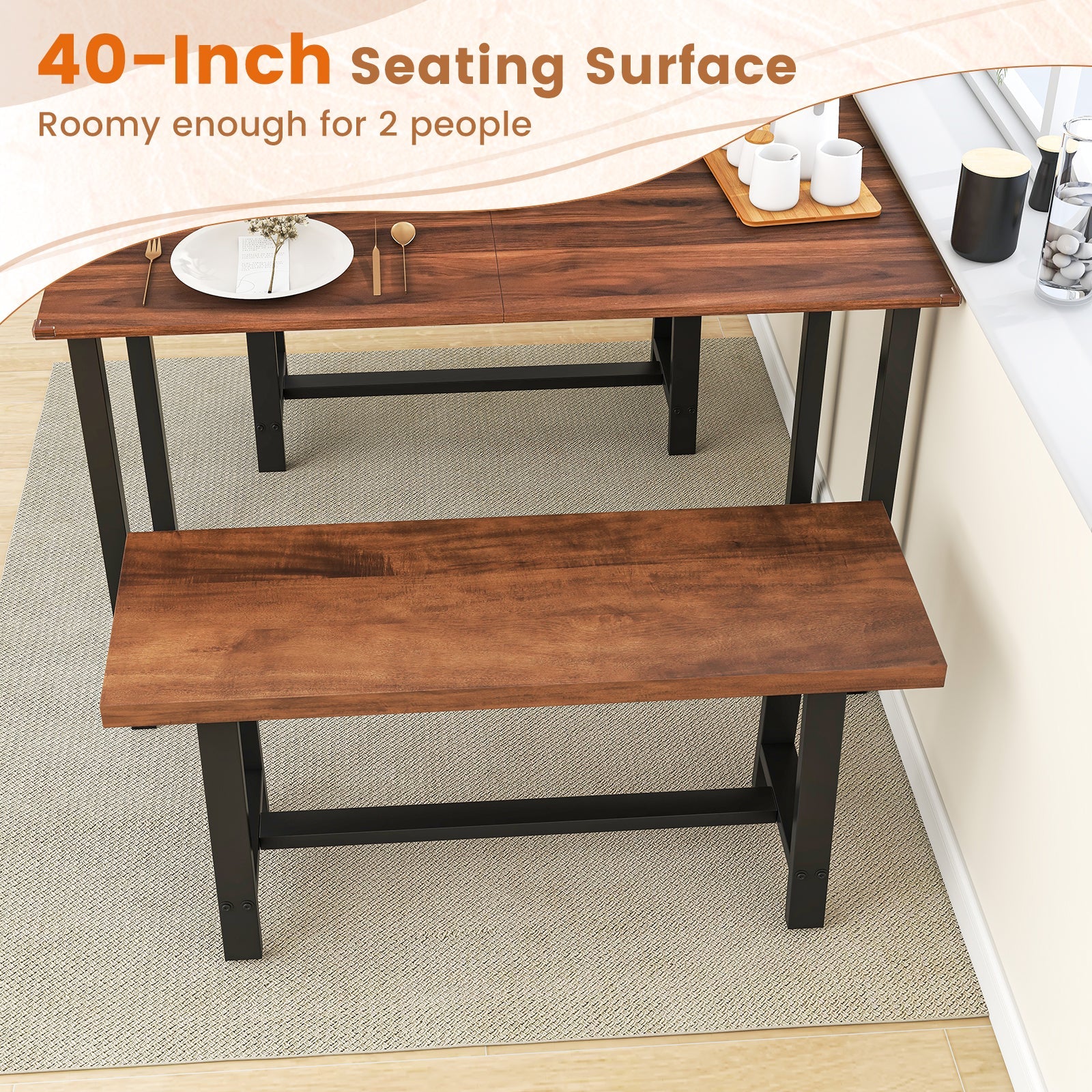 40-Inch dining bench with wood top and black metal frame, farmhouse entryway shoe bench set of 2 on Tampa Home & Garden Store