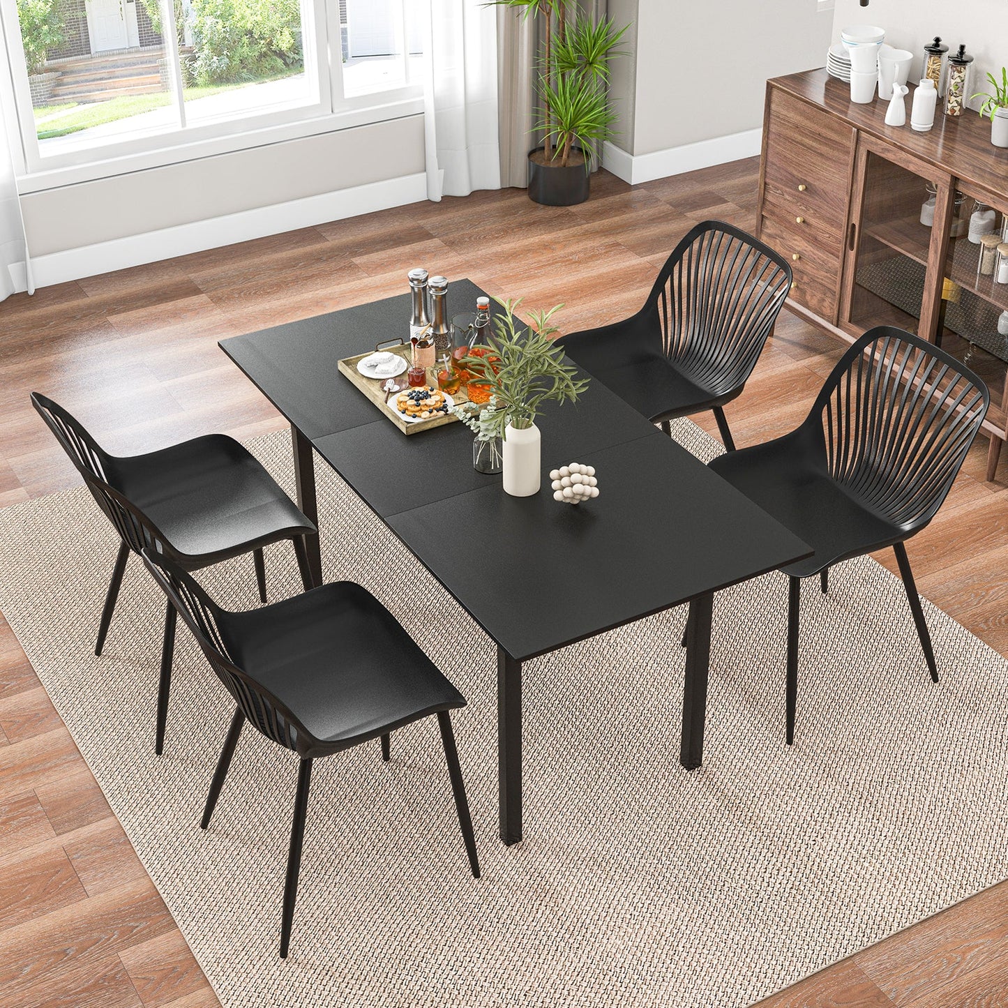 Modern Kitchen Chairs with Metal Legs Cutout Backrest Curved Seat for Dining Room Home Office-Black