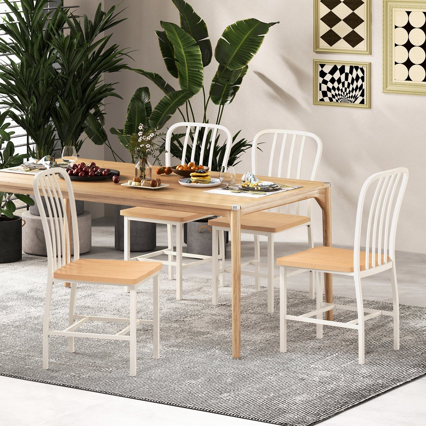 Juego de 2 sillas de comedor sin brazos con respaldo de huso y asiento ergonómico - Blanco
