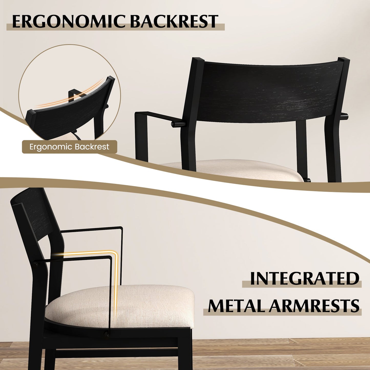 Dining Chair with Contoured Backrest and Padded Seat Set of 2-Beige