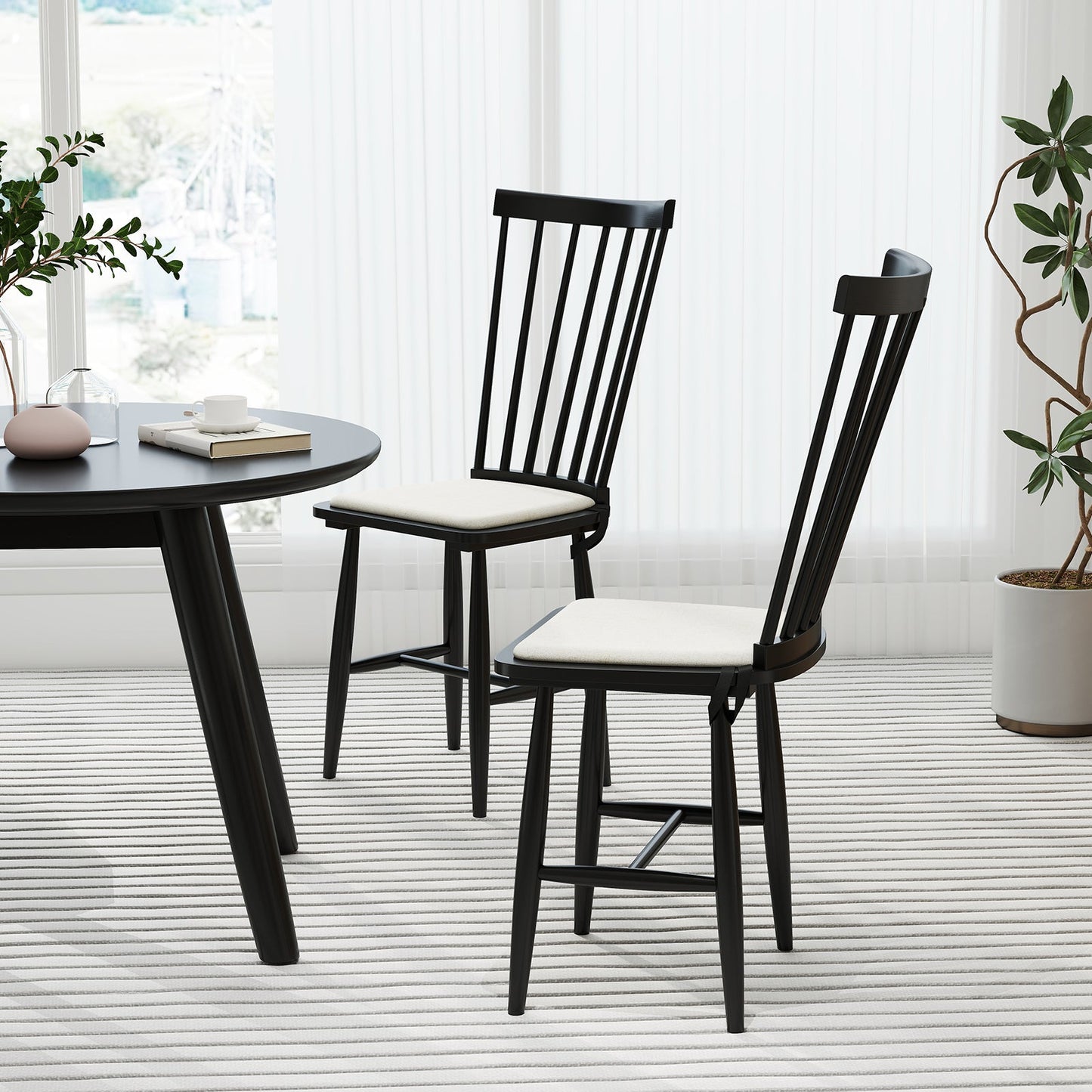 Dining Chairs Set of 2 Farmhouse Solid Rubber Wood Windsor Chairs with Removable Seat Cushions-Black