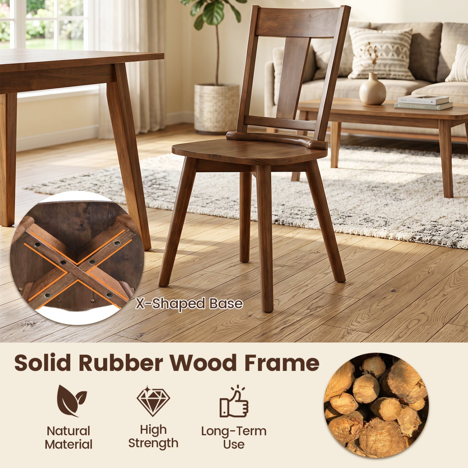 Solid Wood Dining Chairs Set of 2, ergonomic backrest, brown finish, X-shaped base on Tampa Home & Garden Store