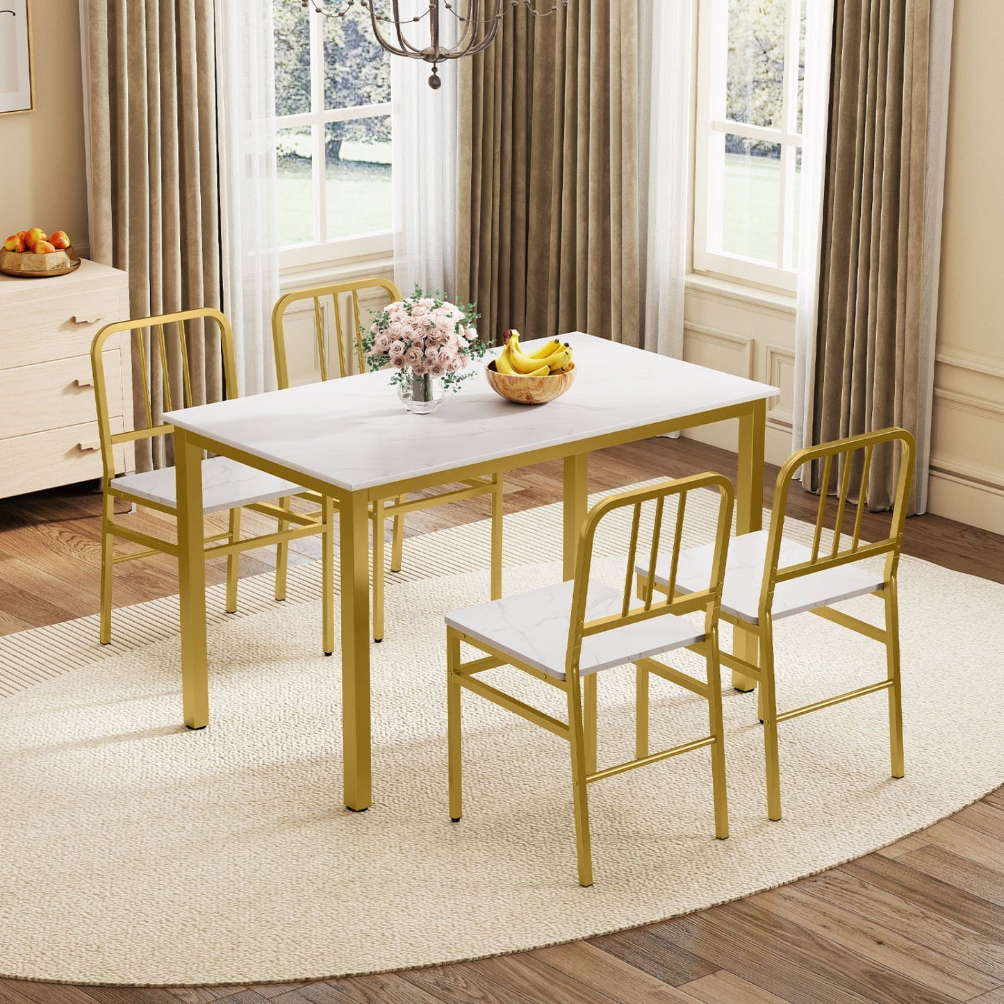 Dining chairs set of 4 with slatted backs and gold metal frames around white marble-top table on Tampa Home & Garden Store