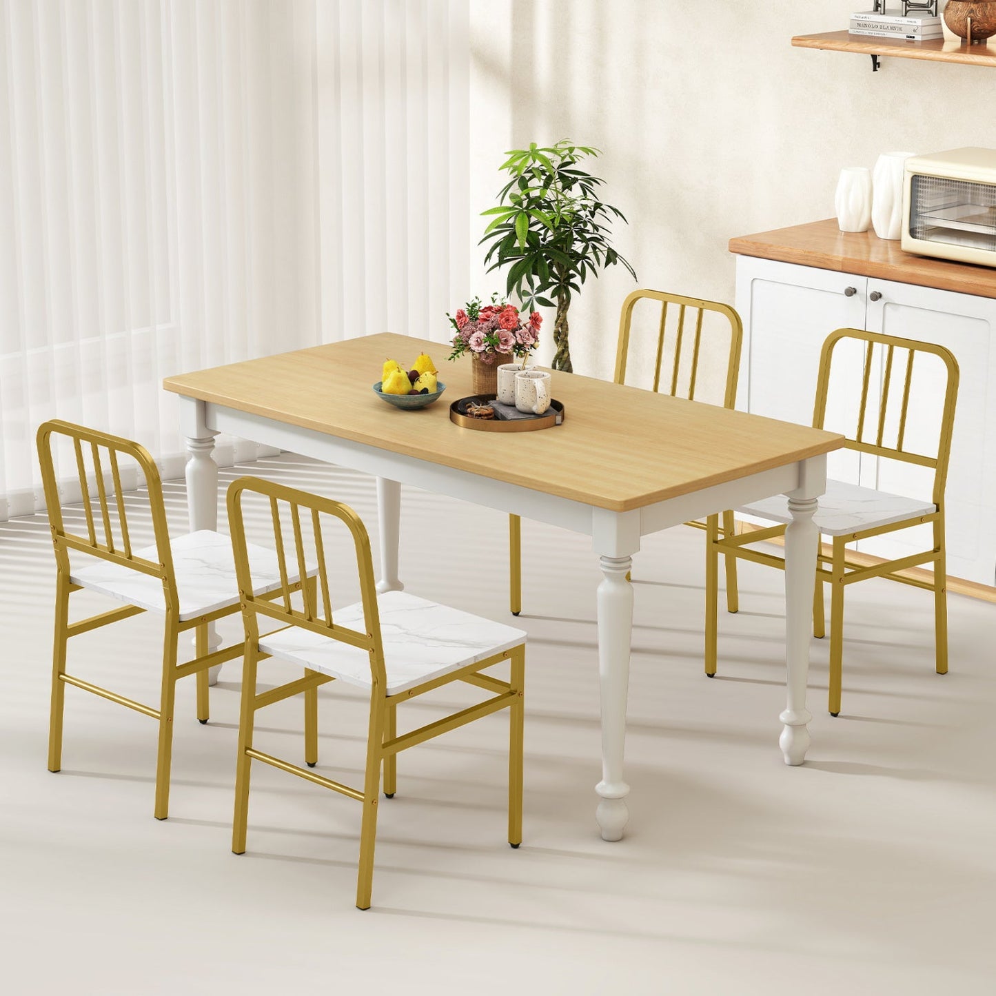Dining chairs set of 4 with gold metal frames and white seats, slatted backrests on Tampa Home & Garden Store