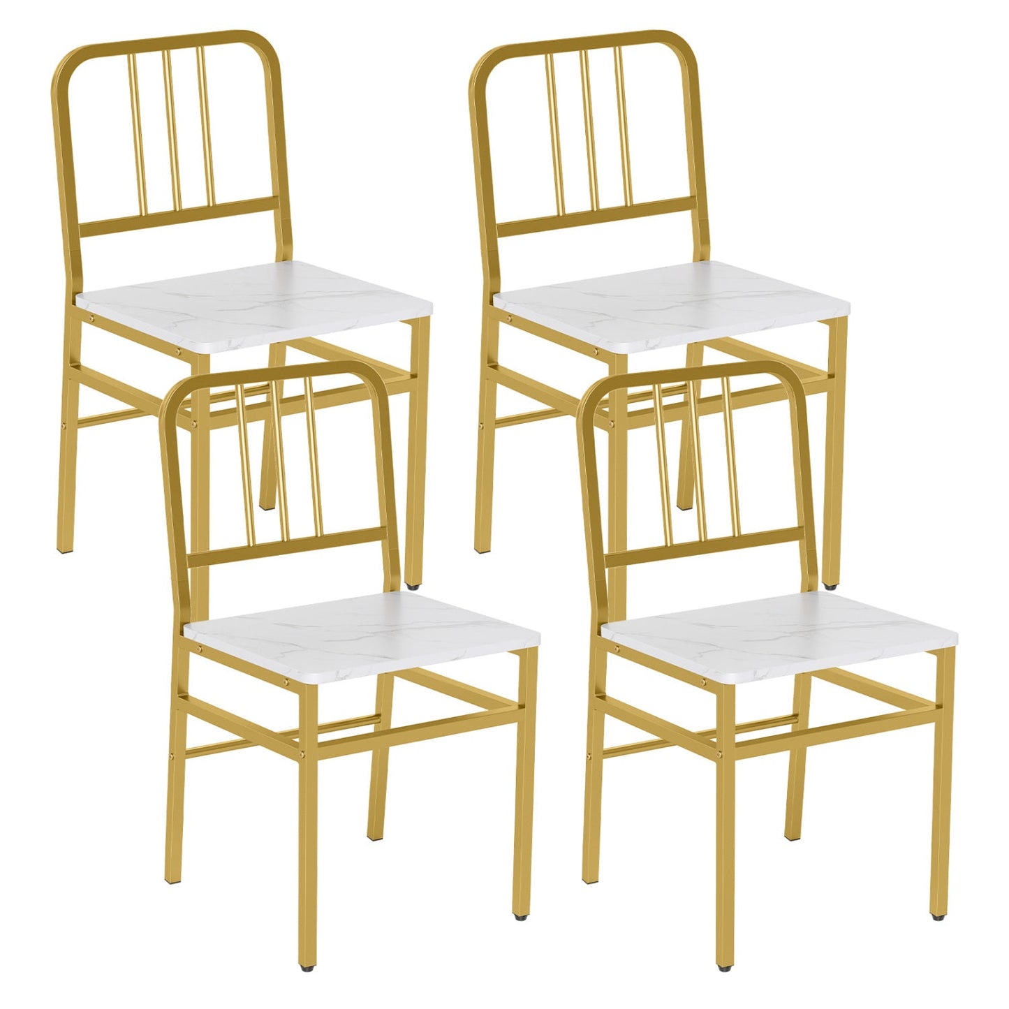 Dining chairs set of 4 with gold metal frames, white marble-pattern seats, slatted backs on Tampa Home & Garden Store