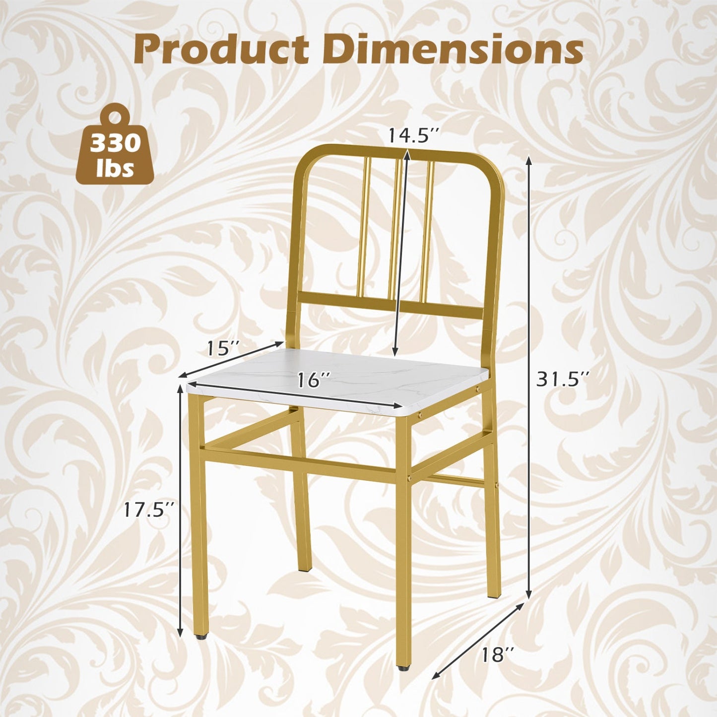 Dining chairs set of 4 with slatted backrest and gold metal frame, white marble-textured seats by DirectDeals on Tampa Home & Garden Store