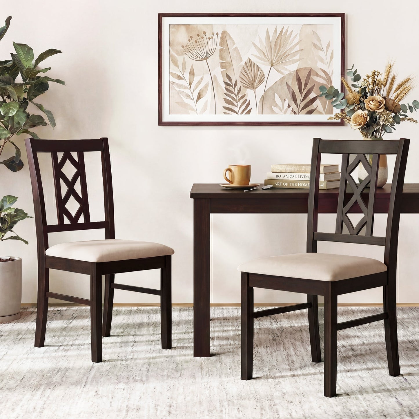 Dining Room Chairs Set of 2 Rubber Wood Dining Chairs with Hollowed Backrest-Brown