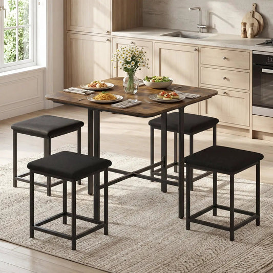 5-Piece Dining Table Set with 4 Upholstered Stools, dark wood top & black metal legs DirectDeals on Tampa Home & Garden Store