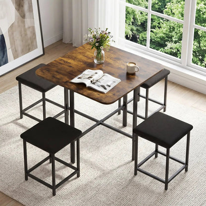 5Piece Dining Table Set with 4 Upholstered Stools