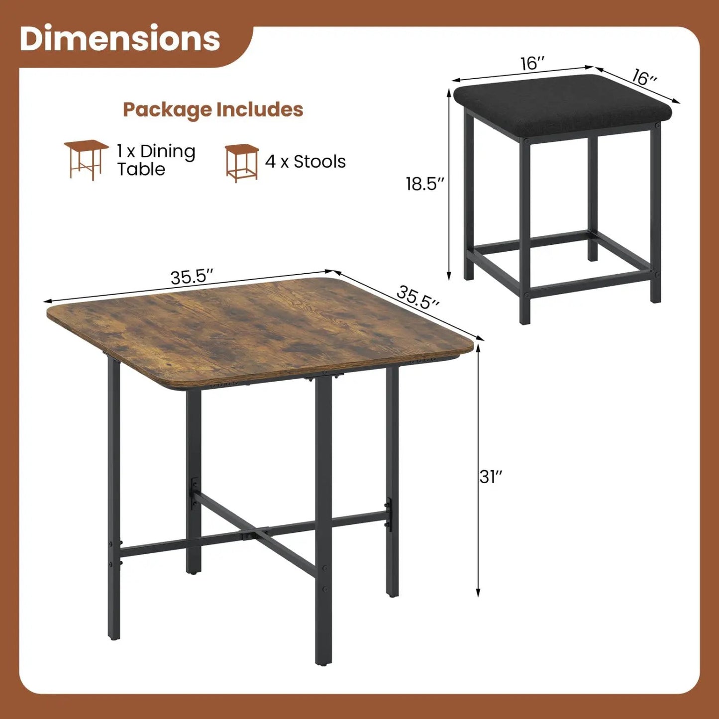 5Piece Dining Table Set with 4 Upholstered Stools