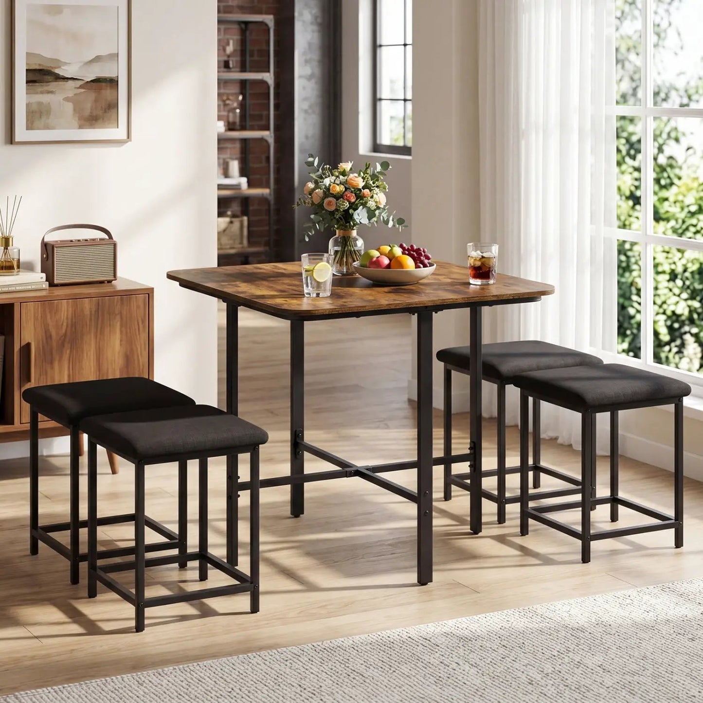 5Piece Dining Table Set with 4 Upholstered Stools