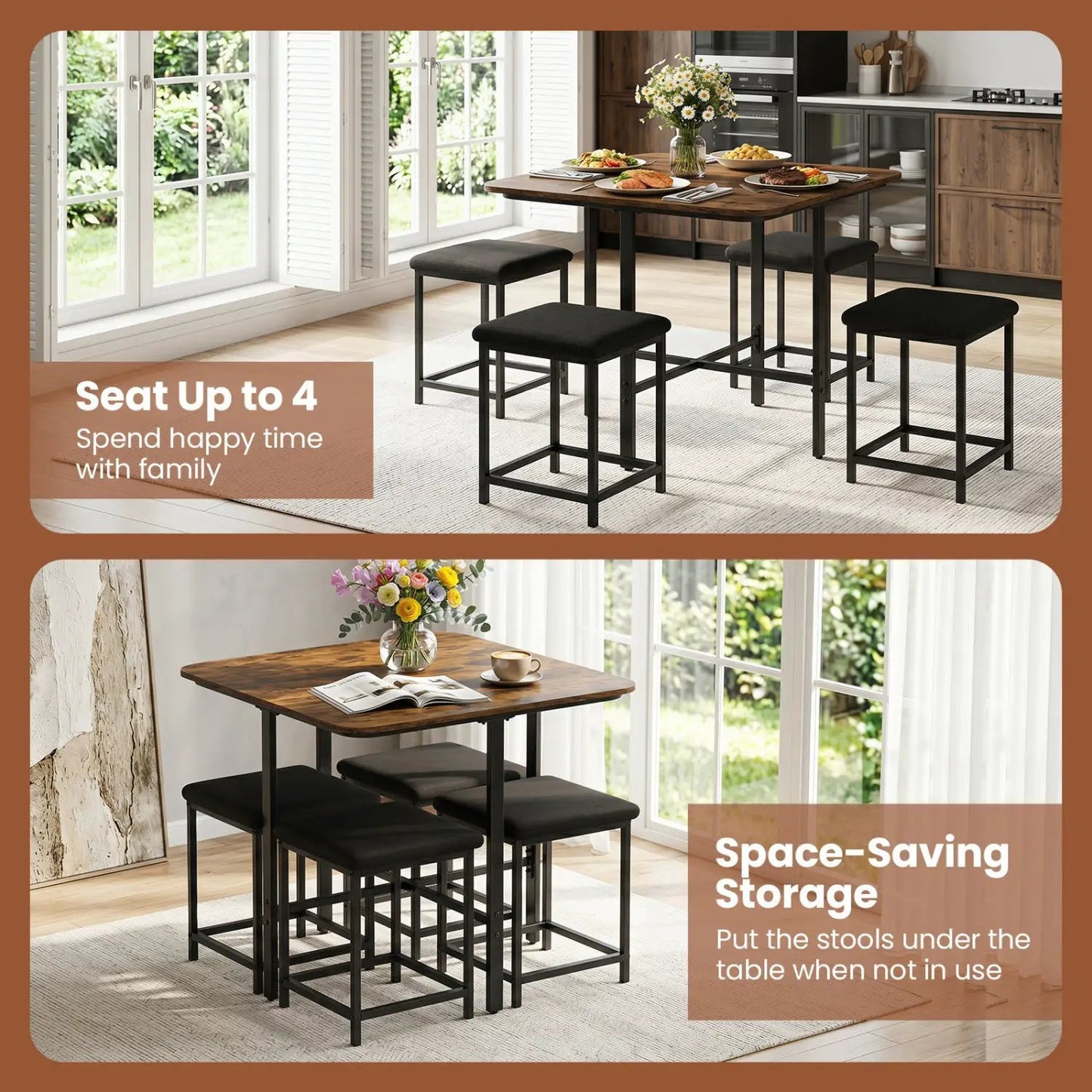 5Piece Dining Table Set with 4 Upholstered Stools