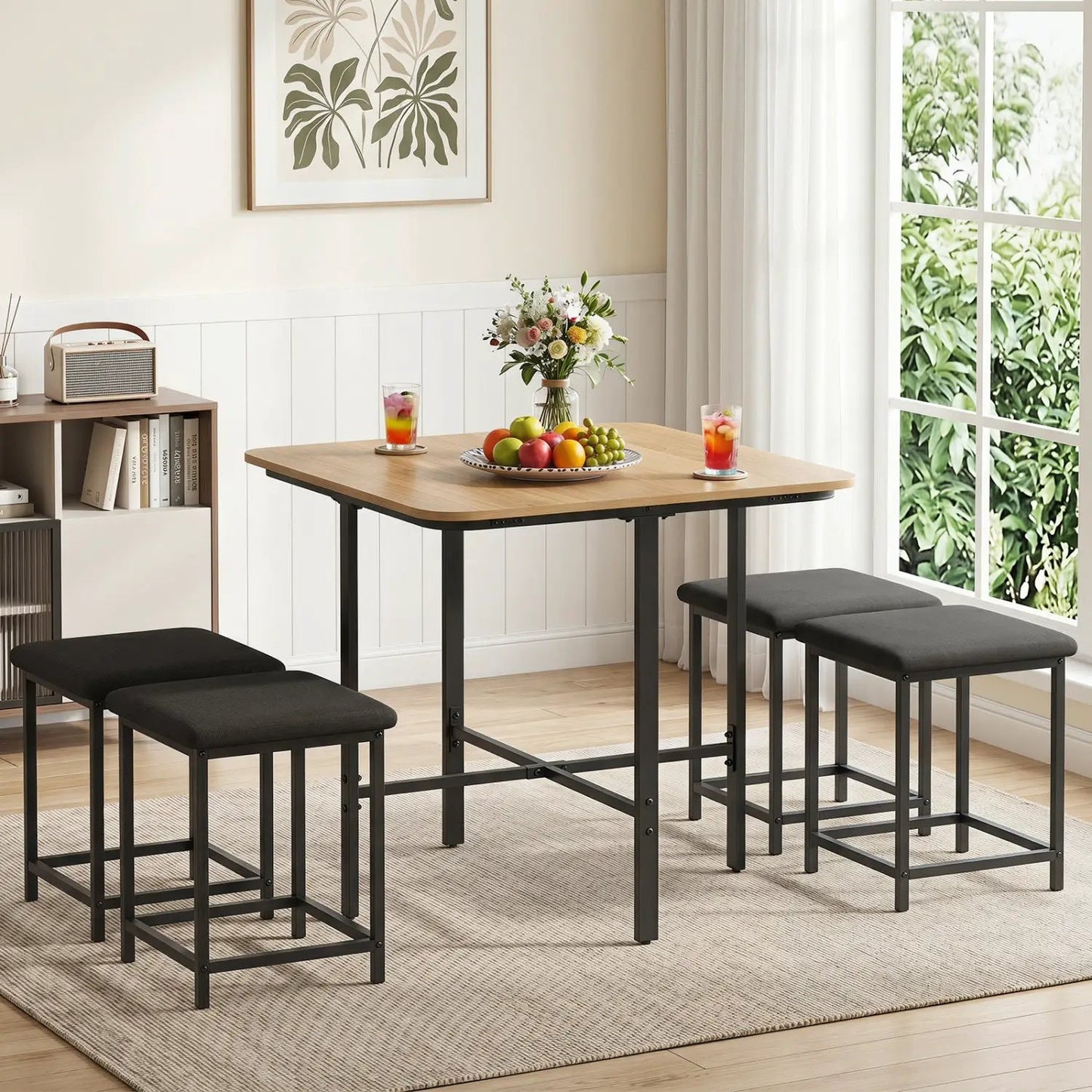 5Piece Dining Table Set with 4 Upholstered Stools