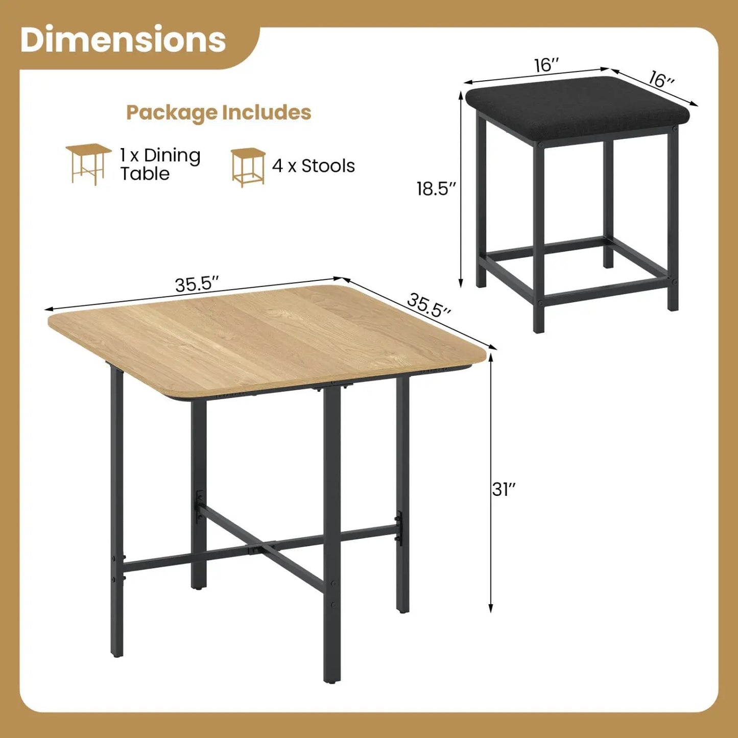 5Piece Dining Table Set with 4 Upholstered Stools