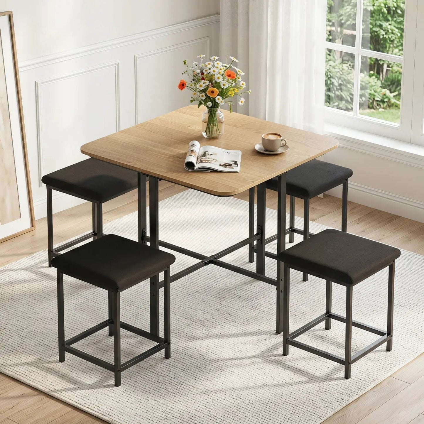 5Piece Dining Table Set with 4 Upholstered Stools