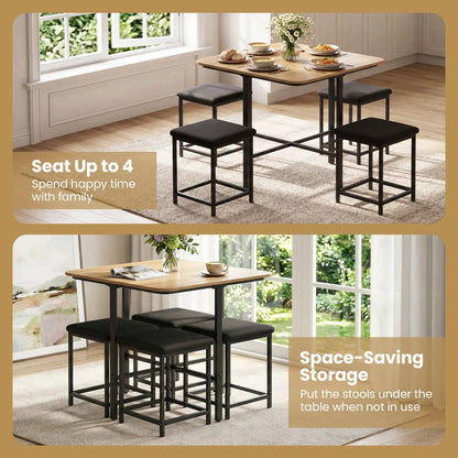 5Piece Dining Table Set with 4 Upholstered Stools