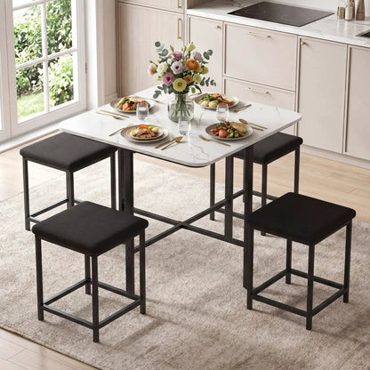 5Piece Dining Table Set with 4 Upholstered Stools