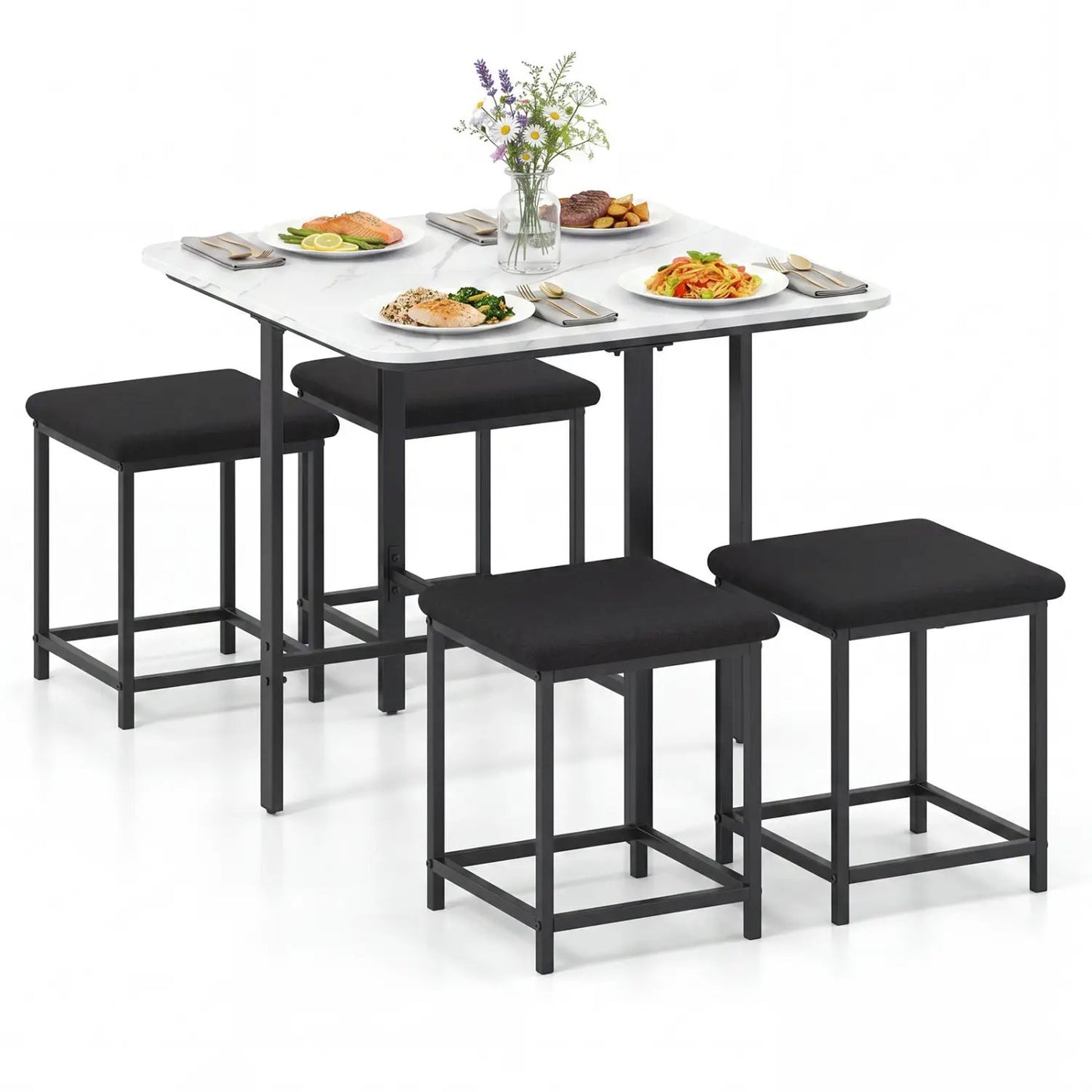 5Piece Dining Table Set with 4 Upholstered Stools