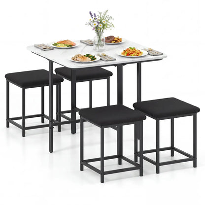 5Piece Dining Table Set with 4 Upholstered Stools