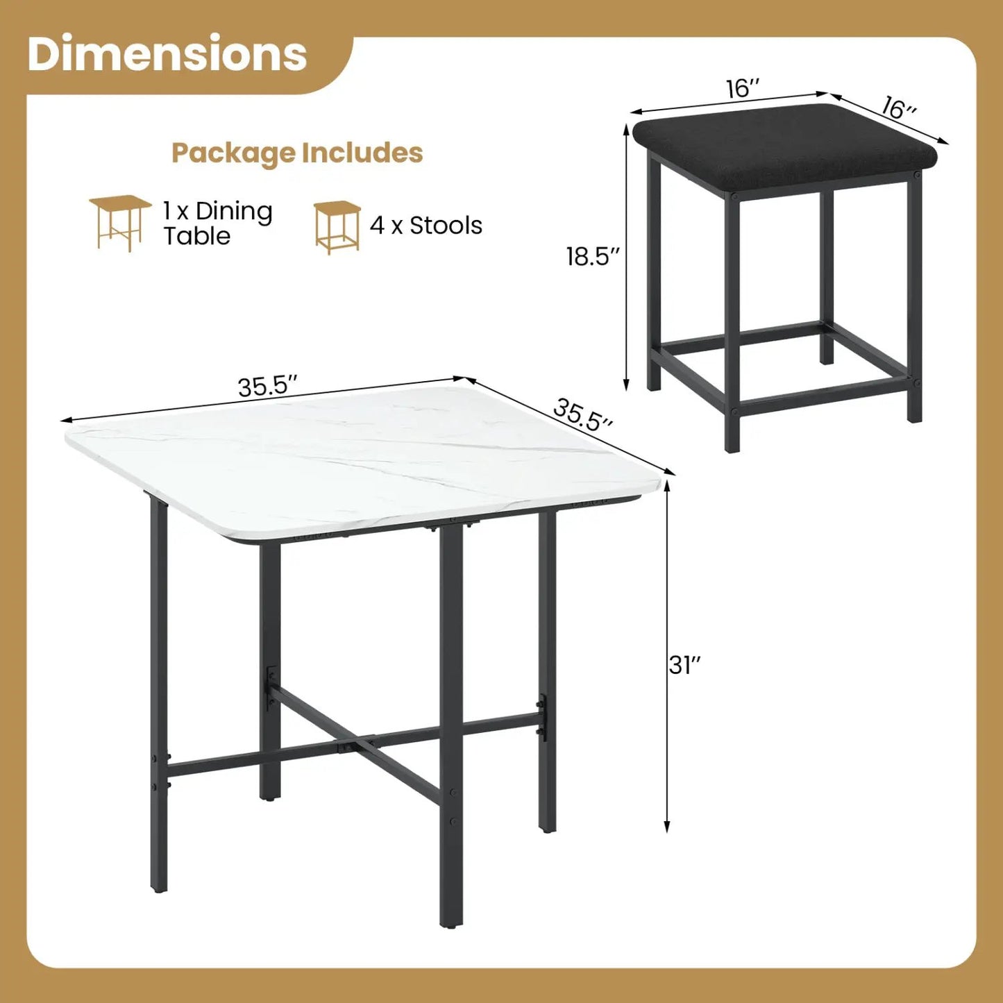 5Piece Dining Table Set with 4 Upholstered Stools