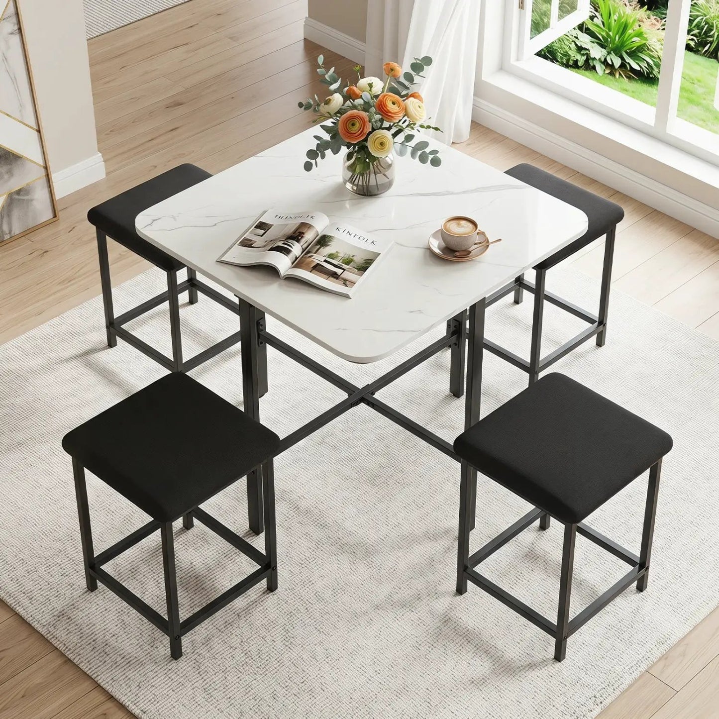 5Piece Dining Table Set with 4 Upholstered Stools