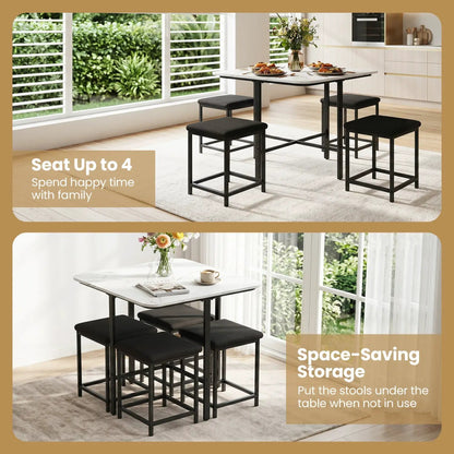 5Piece Dining Table Set with 4 Upholstered Stools