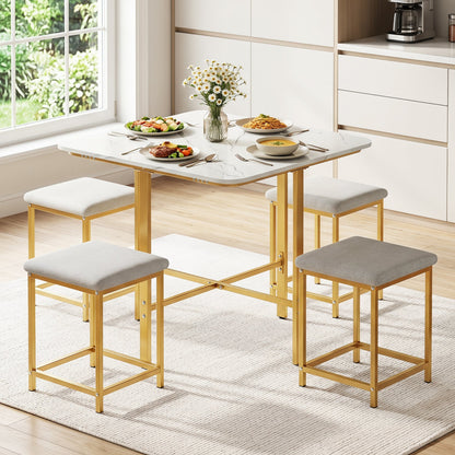 5-Piece Dining Table Set with 4 Upholstered Stools, white marble tabletop, gold metal legs on Tampa Home & Garden Store