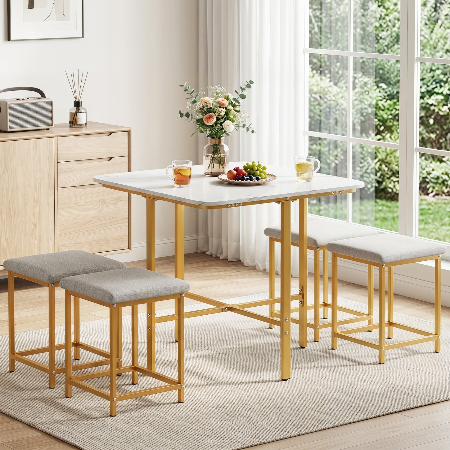 5-Piece Dining Table Set with 4 Stools by DirectDeals, white top, gold frame, gray cushions on Tampa Home & Garden Store