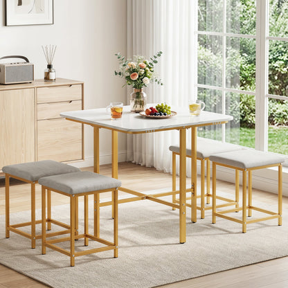 5-Piece Dining Table Set with 4 Stools by DirectDeals, white top, gold frame, gray cushions on Tampa Home & Garden Store