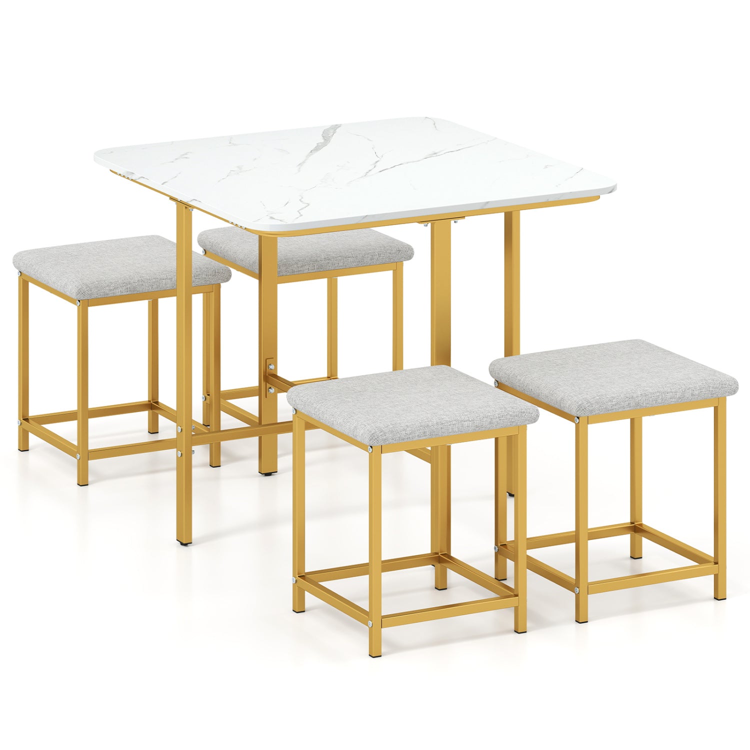 5-Piece dining table set with white marble top, gold metal frame, and four gray upholstered stools on Tampa Home & Garden Store
