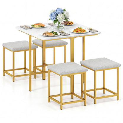 5-Piece Dining Table Set with 4 Upholstered Stools, white marble top and gold-tone frame on Tampa Home & Garden Store