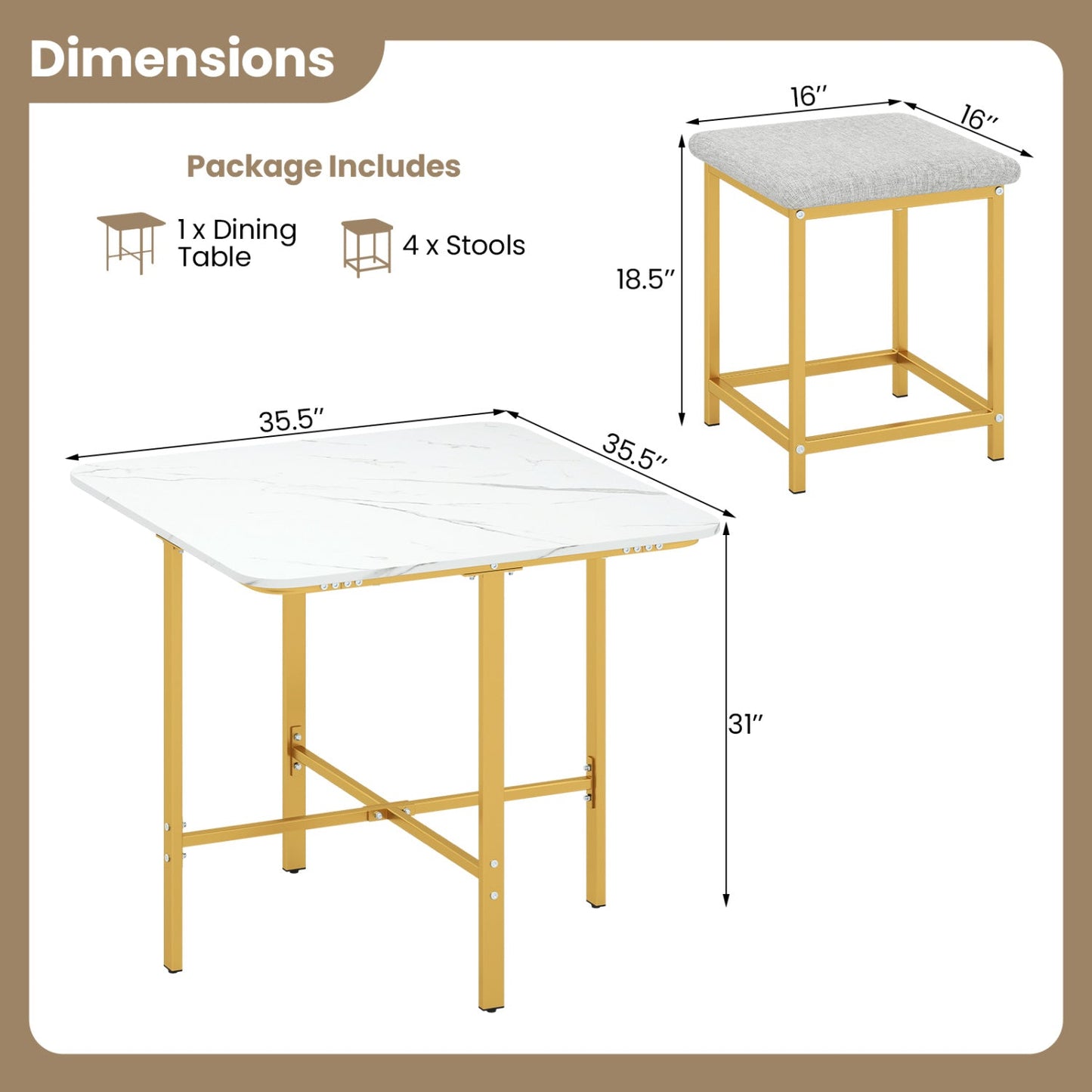 DirectDeals 5-Piece dining table set with marble top and 4 padded stools on gold frame on Tampa Home & Garden Store