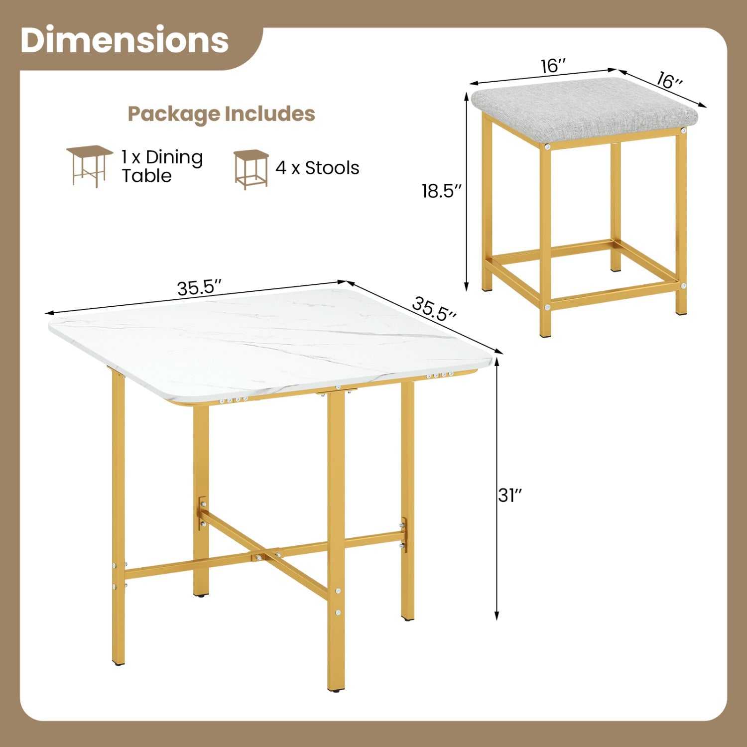 DirectDeals 5-Piece dining table set with marble top and 4 padded stools on gold frame on Tampa Home & Garden Store