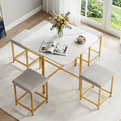 5-Piece Dining Table Set with 4 Upholstered Stools, white marble tabletop, gold metal legs on Tampa Home & Garden Store
