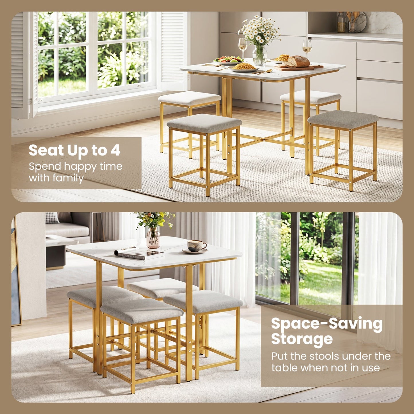 5-Piece dining set with white tabletop and gold frame; 4 grey upholstered stools DirectDeals on Tampa Home & Garden Store