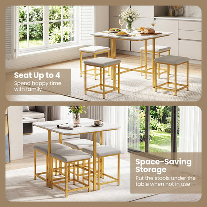 5-Piece dining set with white tabletop and gold frame; 4 grey upholstered stools DirectDeals on Tampa Home & Garden Store