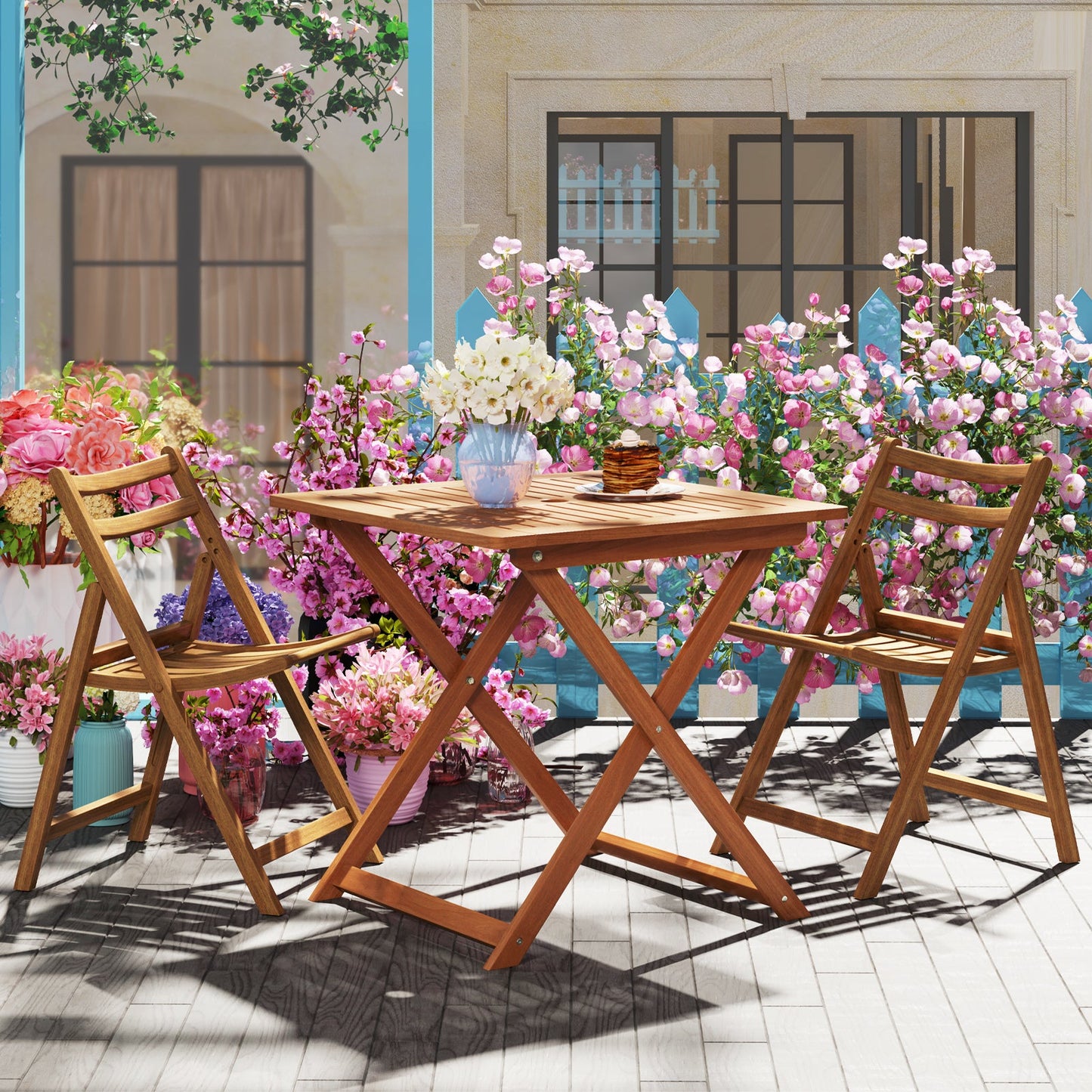 Mesa de comedor para patio de 29.5 x 29.5 pulgadas con pintura de teca y agujero para sombrilla