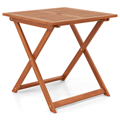 Mesa de comedor para patio de 29.5 x 29.5 pulgadas con pintura de teca y agujero para sombrilla