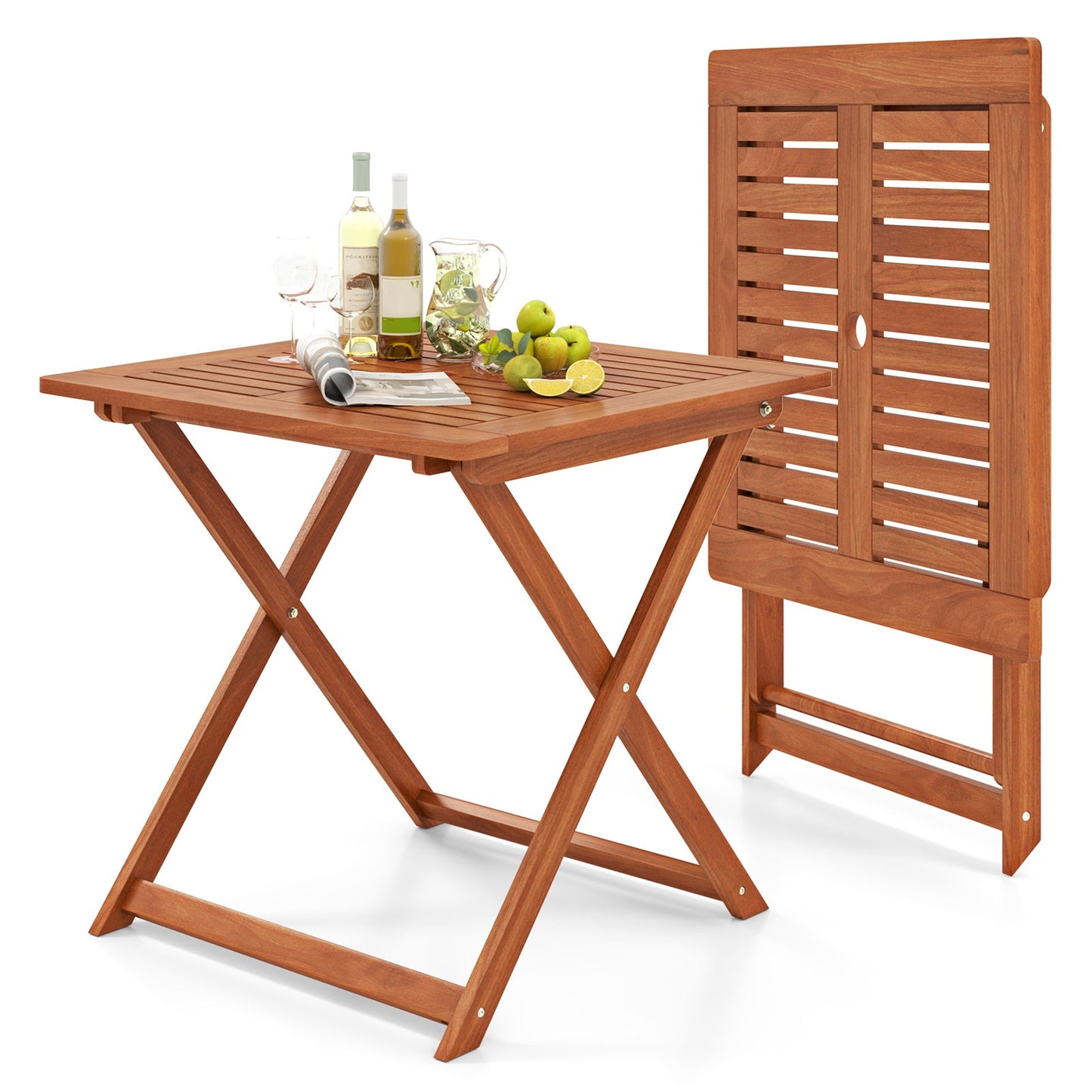 Mesa de comedor para patio de 29.5 x 29.5 pulgadas con pintura de teca y agujero para sombrilla
