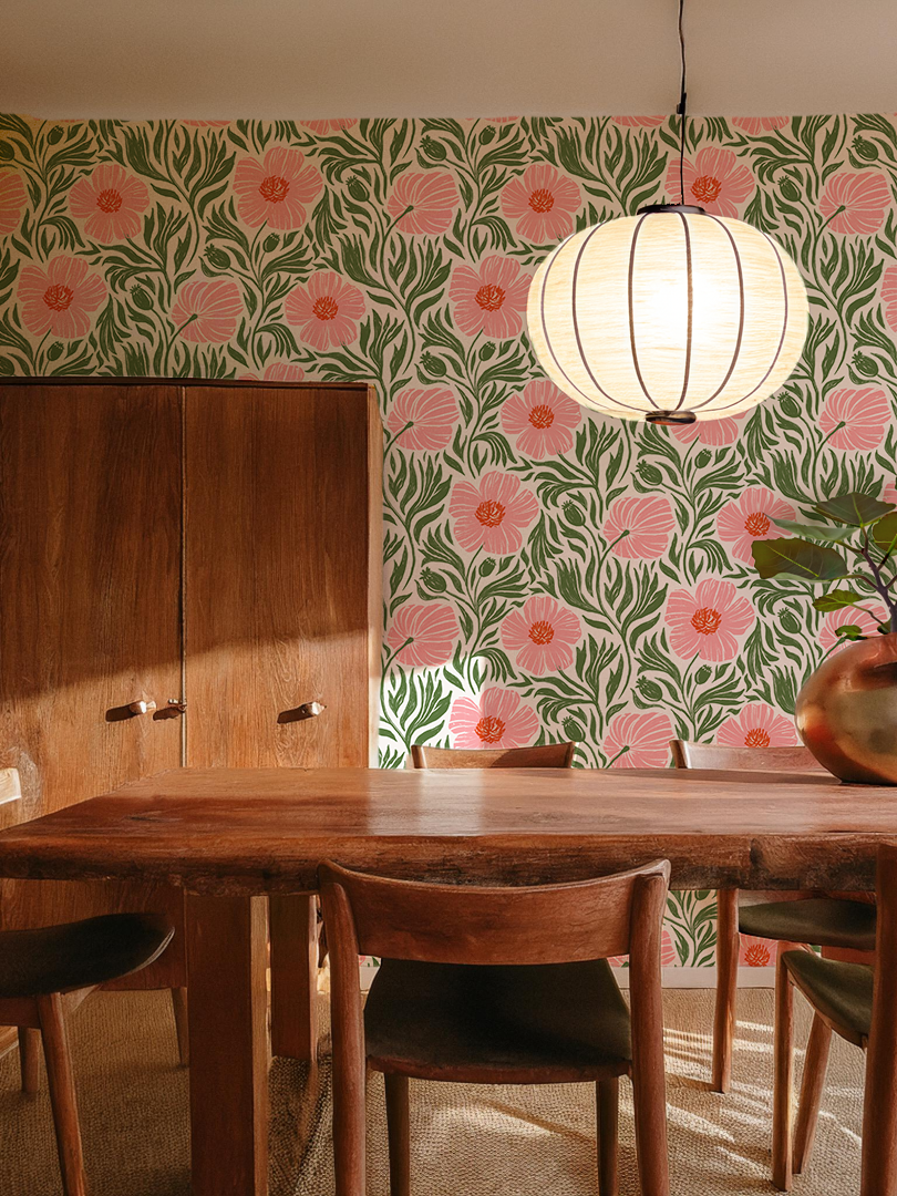 Papel pintado Matilija, blanco, rosa y verde