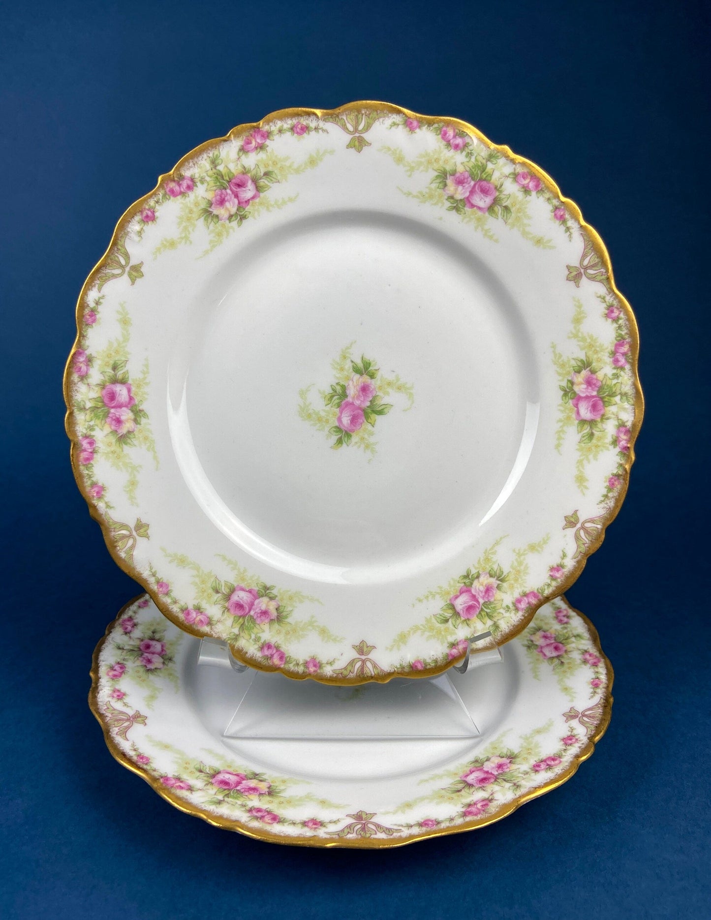 Dinner or Salad Plates, Antique Limoges Elite Porcelain Set of Two Hand-Painted Rose Garlands and Scalloped Gold Rim. MF. & Co. - Tampa Home & Garden Store