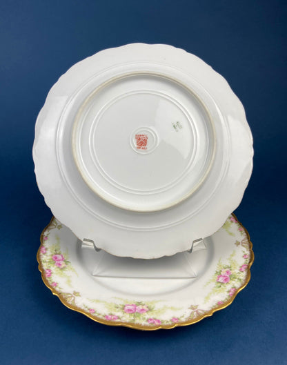 Dinner or Salad Plates, Antique Limoges Elite Porcelain Set of Two Hand-Painted Rose Garlands and Scalloped Gold Rim. MF. & Co. - Tampa Home & Garden Store
