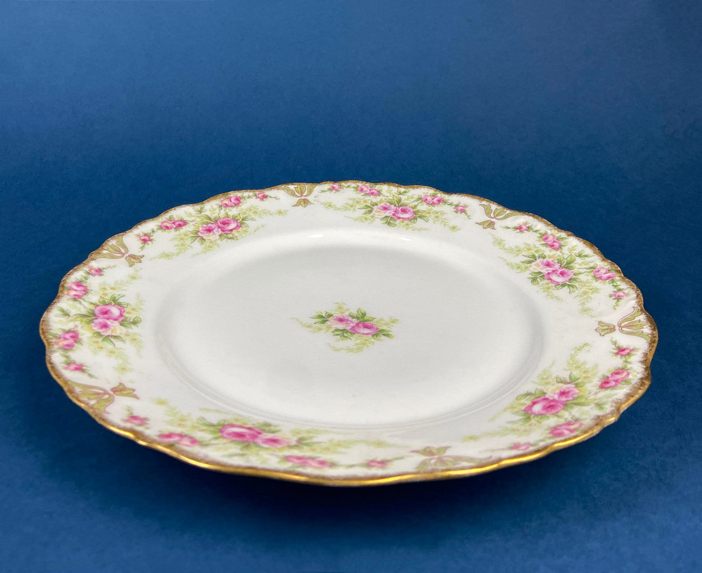 Dinner or Salad Plates, Antique Limoges Elite Porcelain Set of Two Hand-Painted Rose Garlands and Scalloped Gold Rim. MF. & Co. - Tampa Home & Garden Store