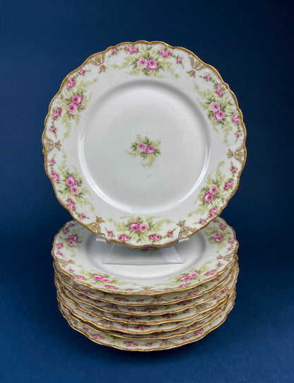 Dinner or Salad Plates, Antique Limoges Elite Porcelain Set of Two Hand-Painted Rose Garlands and Scalloped Gold Rim. MF. & Co. - Tampa Home & Garden Store