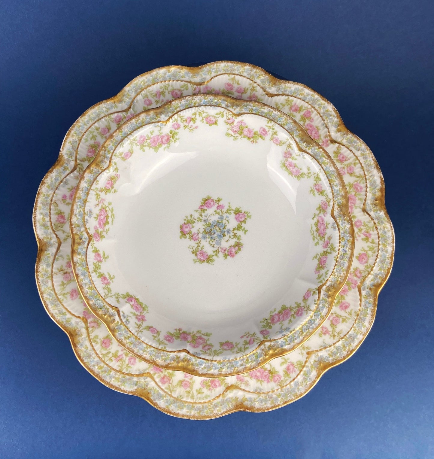 Dinner or Salad Plates, Antique Limoges Elite Porcelain Set of Two Hand-Painted Rose Garlands and Scalloped Gold Rim. MF. & Co. - Tampa Home & Garden Store