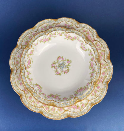 Dinner or Salad Plates, Antique Limoges Elite Porcelain Set of Two Hand-Painted Rose Garlands and Scalloped Gold Rim. MF. & Co. - Tampa Home & Garden Store