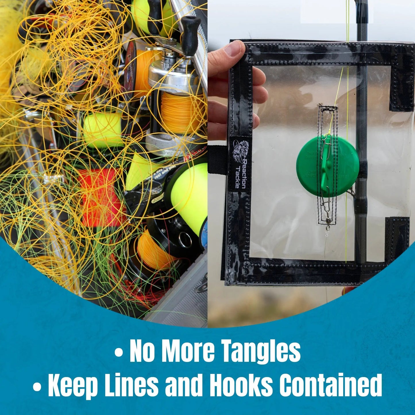 Reaction Tackle Fishing Lure Wraps for all sizes with yellow lines and a clear tackle bag on Tampa Home & Garden Store